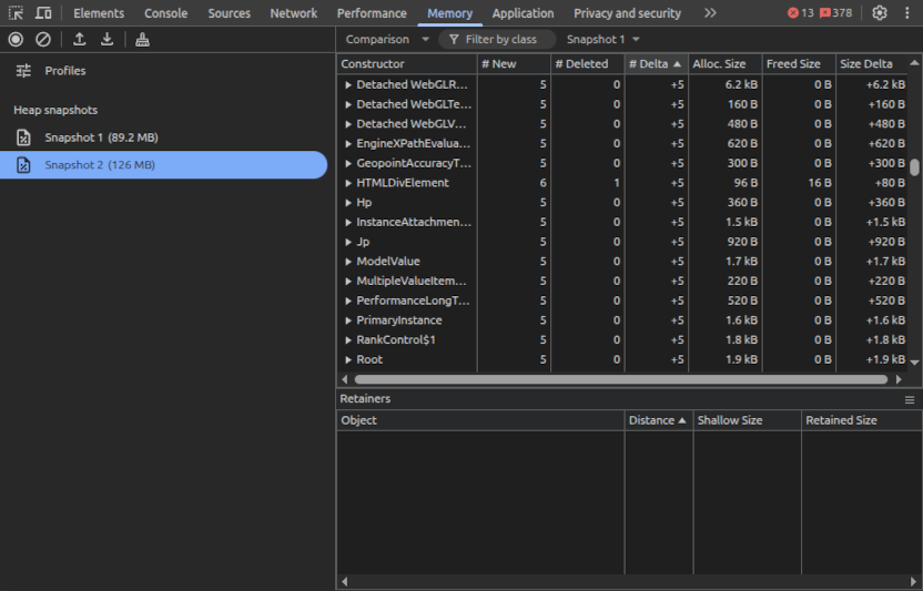 Comparing memory snapshots