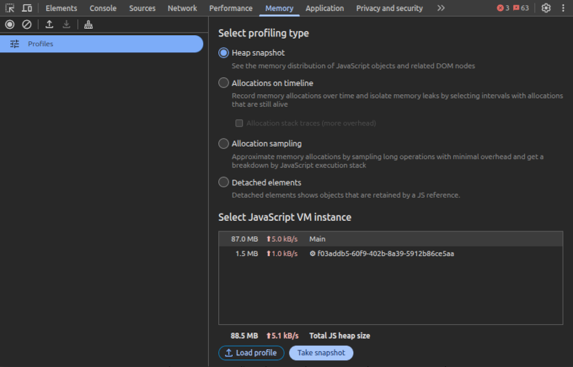 Snapshot of memory usage